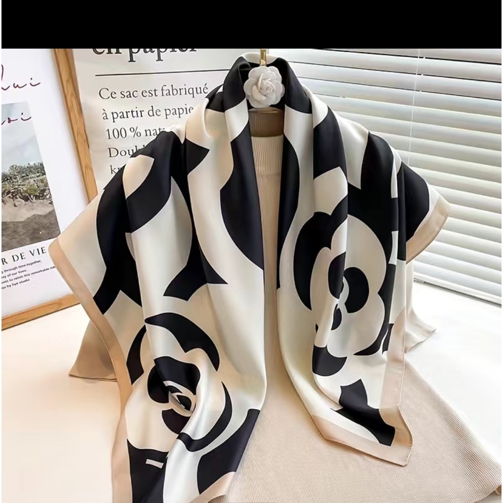 Big Camellia Print Shawl Elegant Color Block Larg… - image 1